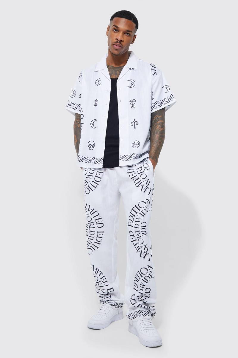 Kastiges Hemd und Hose mit Print - Weiß - L, Weiß von boohooman