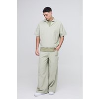 Kastiges Oversize Cord Poloshirt mit Acid-Waschung - Grün - XL, Grün von boohooman