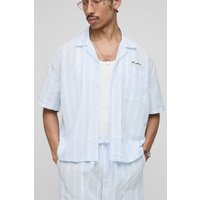Kastiges Oversize Hemd in Leinenoptik mit Streifen und Taschen-Detail - Blau - M, Blau von boohooman