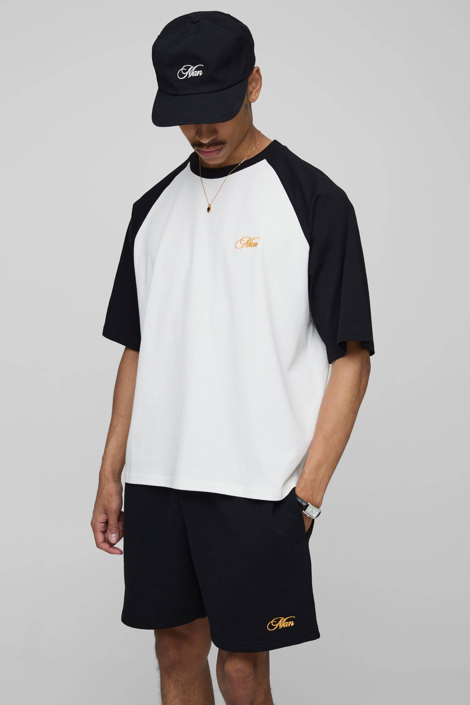 Kastiges Oversize Man Raglan T-Shirt & Shorts - Schwarz - XL, Schwarz von boohooman
