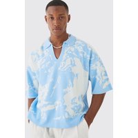 Kastiges Oversize Strick-Poloshirt mit Renaissance-Print von boohooman