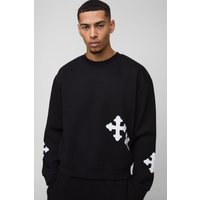 Kastiges Oversize Sweatshirt mit Gothic Kreuz Applikation - Schwarz - XL, Schwarz von boohooman