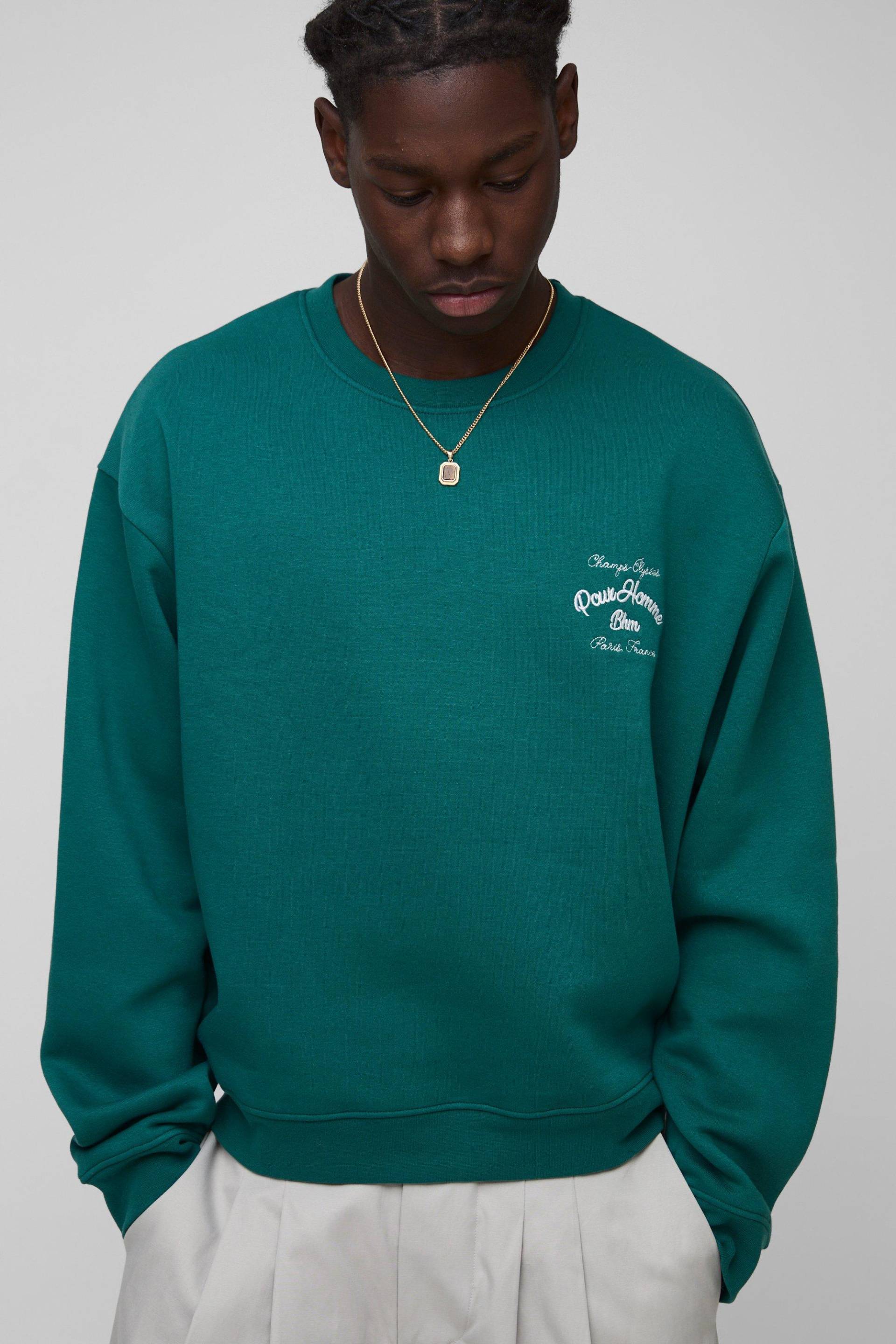 Kastiges Oversize Sweatshirt mit Homme-Stickerei - Petrol - XS, Petrol Kastiges Oversize Sweatshirt mit Homme-Stickerei - Petrol - XS, Petrol von boohooman
