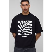 Kastiges Oversize T-Shirt mit Blätter-Print - Schwarz - L, Schwarz von boohooman