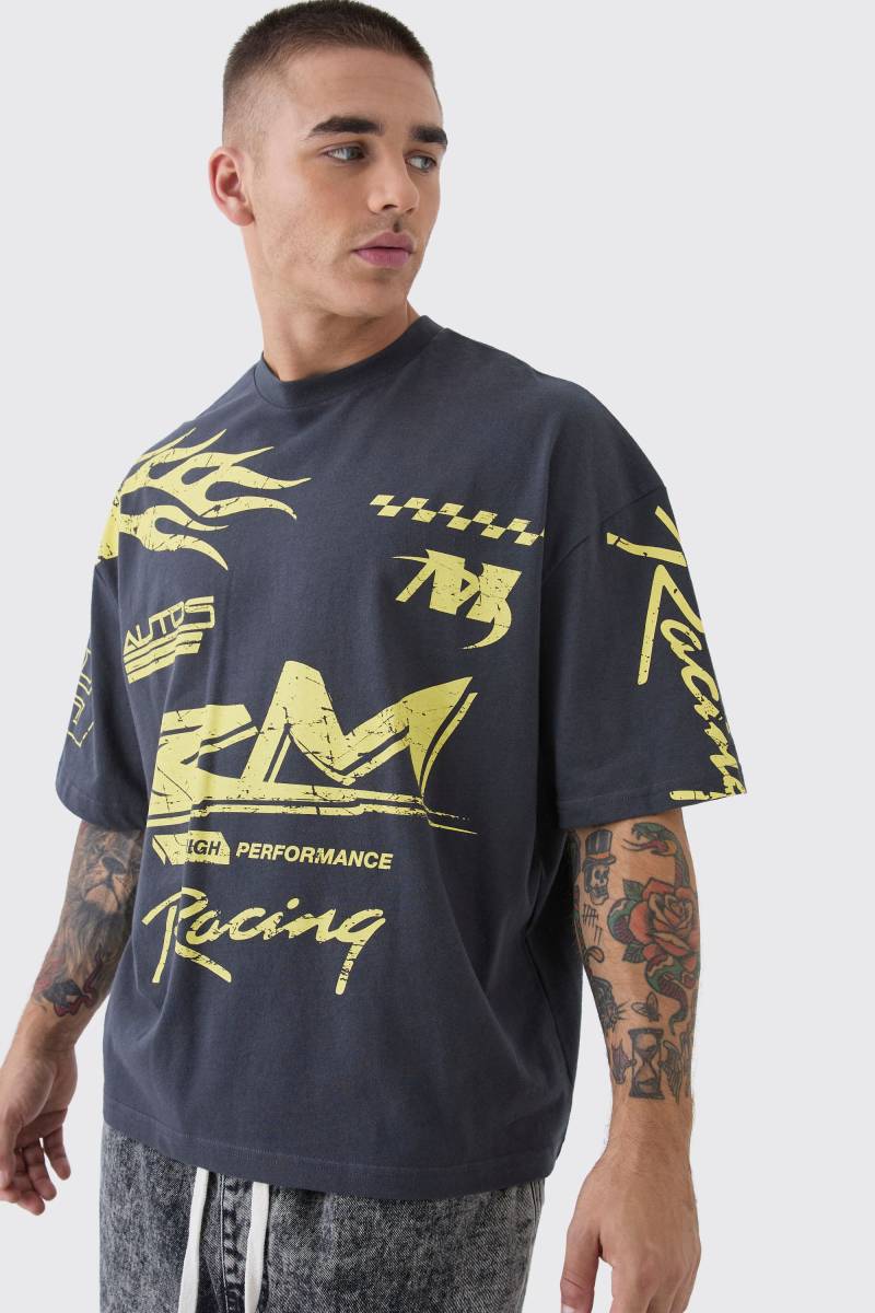 Kastiges Oversize T-Shirt mit Moto Racing Flammen Print von boohooman