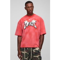 Kastiges Oversize T-Shirt mit Official Stern-Print - Rot - M, Rot von boohooman