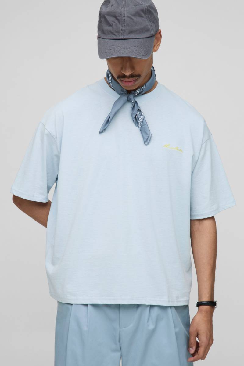 Kastiges Oversize T-Shirt mit Print - Blau - M, Blau Kastiges Oversize T-Shirt mit Print - Blau - M, Blau von boohooman