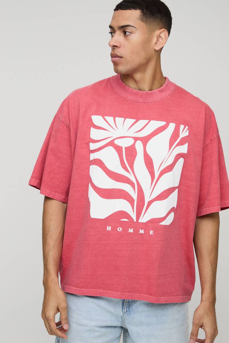 Kastiges Oversize T-Shirt mit floralem Print - Rot - L, Rot von boohooman