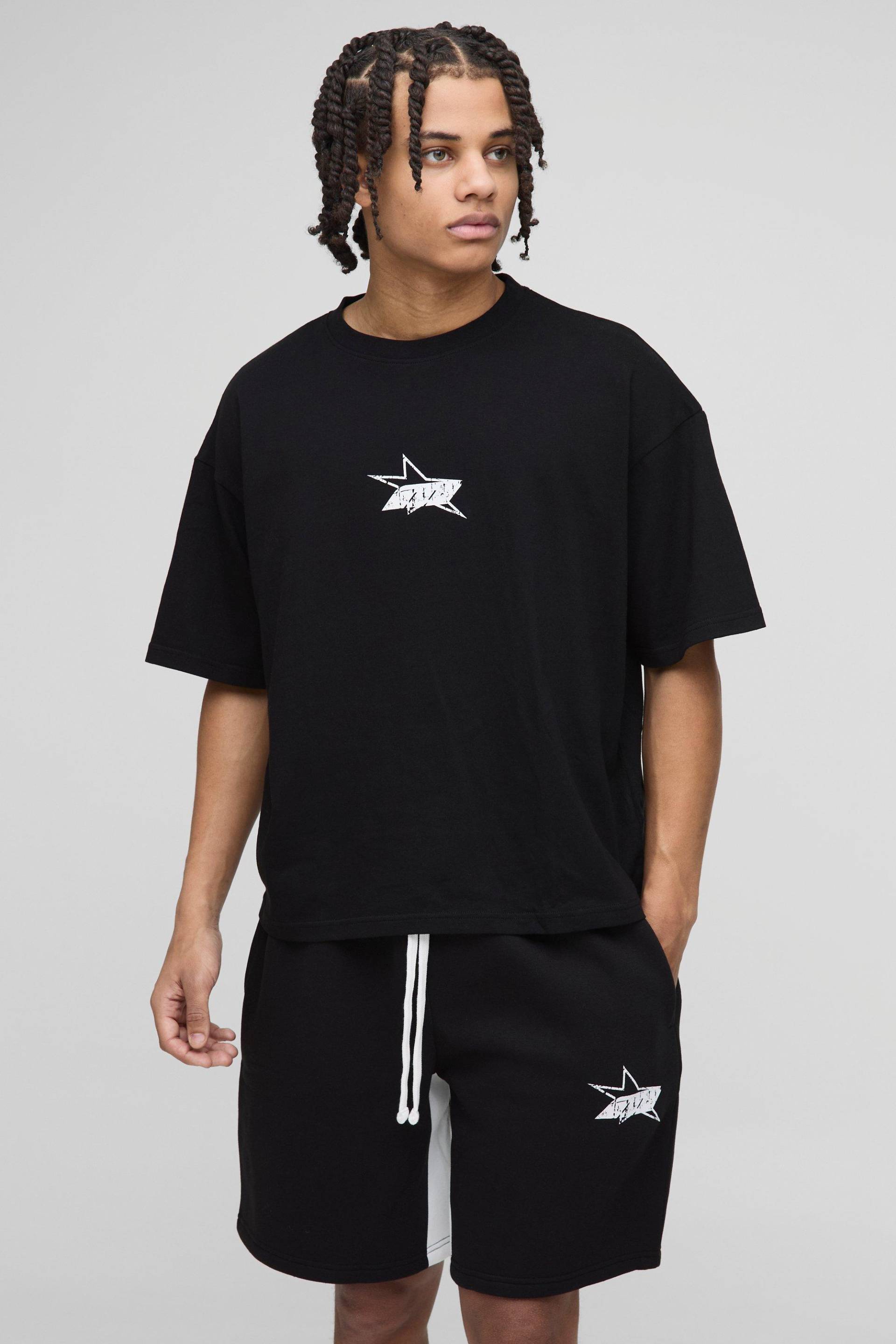 Kastiges Oversize T-Shirt und Shorts - Schwarz - XL, Schwarz von boohooman