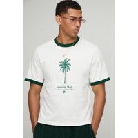 Kastiges Ringer T-Shirt mit Palmen-Print - Ecru - XS, Ecru von boohooman