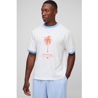 Kastiges Ringer T-Shirt mit Palmen-Print - Weiß - XS, Weiß von boohooman