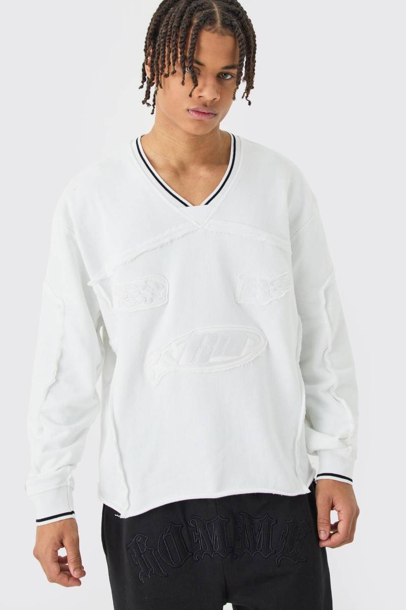 Kastiges geripptes Oversize Sweatshirt mit Stickerei - Weiß - L, Weiß Kastiges geripptes Oversize Sweatshirt mit Stickerei - Weiß - L, Weiß von boohooman