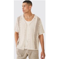 Kastiges gestreiftes Oversize Strick-Hemd in Ecru von boohooman