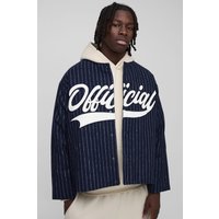 Kragenlose Oversize Baseball-Jacke mit Streifen - Blau - S, Blau von boohooman