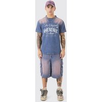 Kurzärmliges Jeans T-Shirt mit Homme-Stickerei in Pink von boohooman