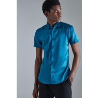 Kurzärmliges Muscle-Fit Hemd aus Satin - Petrol - XS, Petrol Kurzärmliges Muscle-Fit Hemd aus Satin - Petrol - XS, Petrol von boohooman