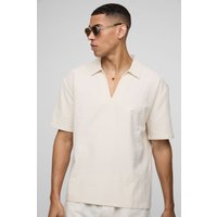 Kurzärmliges Oversize Hemd in Knitteroptik mit V-Ausschnitt - Ecru - XL, Ecru von boohooman