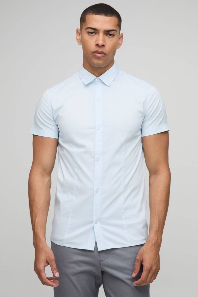 Kurzärmliges Stretch-Fit Basic Hemd mit Kragen - Blau - XL, Blau Kurzärmliges Stretch-Fit Basic Hemd mit Kragen - Blau - XL, Blau von boohooman