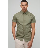 Kurzärmliges Stretch-Fit Basic Hemd mit Kragen - Khaki - M, Khaki von boohooman