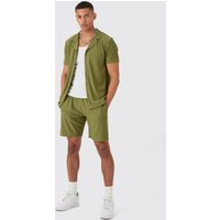 Kurzärmliges geripptes Hemd & Shorts - Khaki - M, Khaki von boohooman