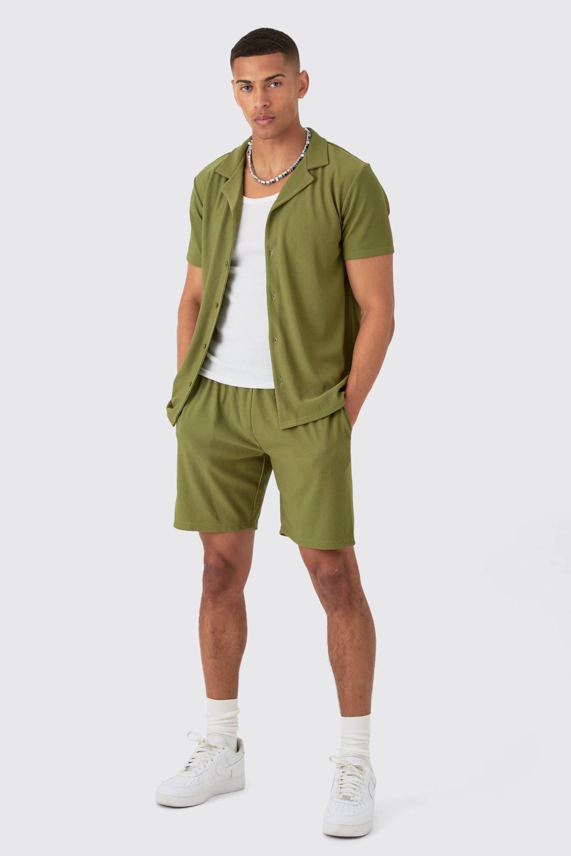 Kurzärmliges geripptes Hemd & Shorts - Khaki - XS, Khaki von boohooman