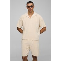 Kurzärmliges kastiges Oversize Velour Poloshirt und Shorts - Grau - XL, Grau von boohooman
