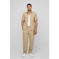 Kurzärmliges strukturiertes Stretch-Hemd und Hose - Taupe - XS, Taupe von boohooman
