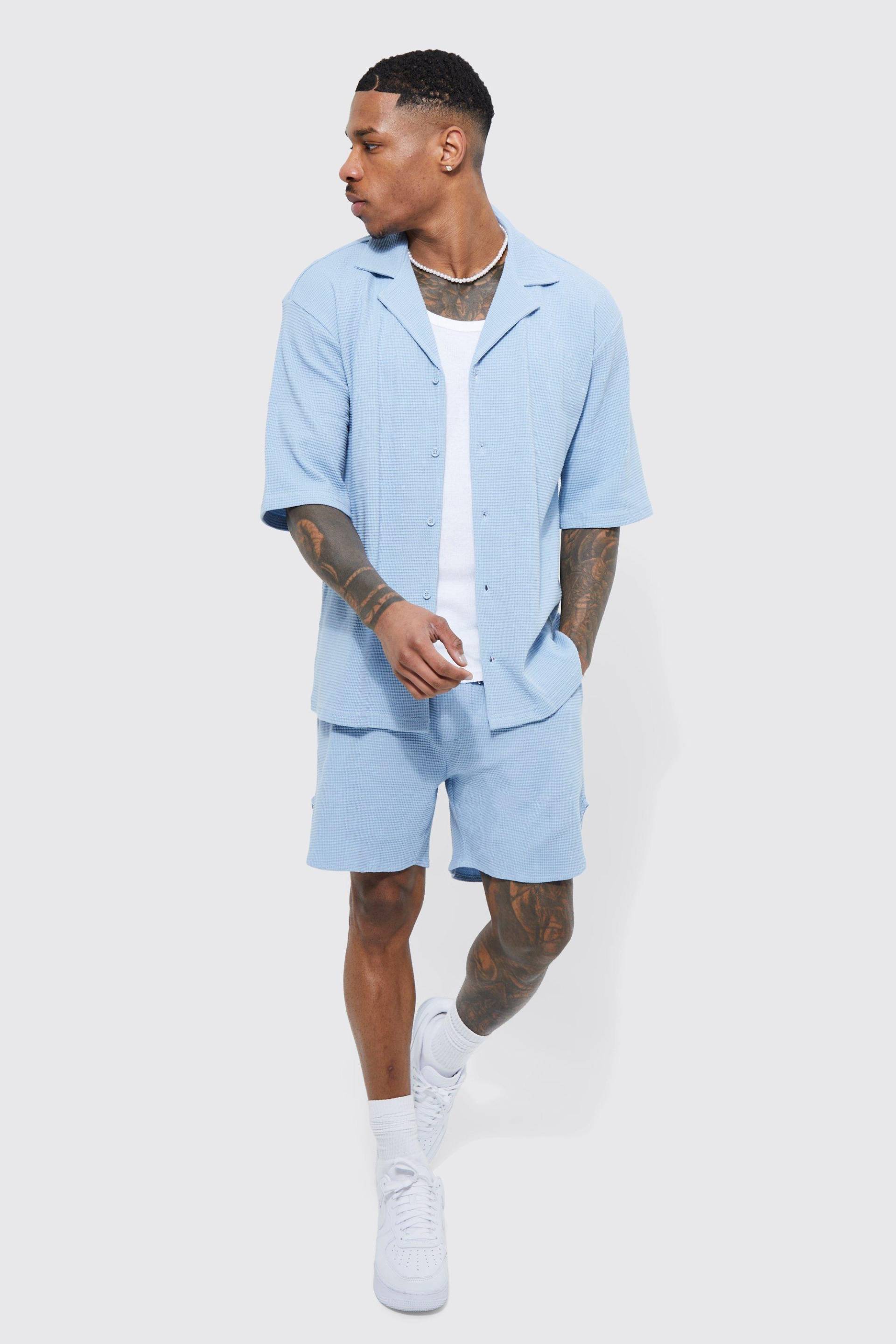 Kurzärmliges strukturiertes Strick-Hemd und Shorts - Blau - S, Blau von boohooman