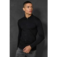 Langärmeliges Muscle-Fit Jersey-Hemd - schwarz - L, schwarz von boohooman