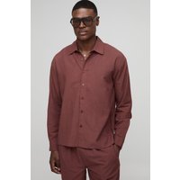 Langärmliges Oversize Leinen-Hemd mit Kragen - Braun - XL, Braun von boohooman