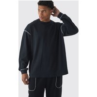 Langärmliges Oversize Pique T-Shirt mit Kontrast-Naht - Schwarz - L, Schwarz von boohooman