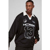 Langärmliges Oversize Rugby-Poloshirt mit Moto-Print - Schwarz - XS, Schwarz Langärmliges Oversize Rugby-Poloshirt mit Moto-Print - Schwarz - XS, Schwarz von boohooman