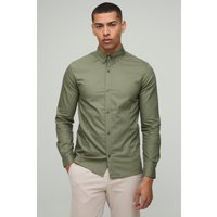 Langärmliges Slim-Fit Oxford-Hemd mit Knopfleiste - Khaki - XL, Khaki von boohooman