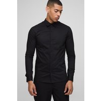 Langärmliges Stretch-Fit Basic Hemd mit Kragen - Schwarz - XS, Schwarz von boohooman