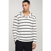 Langärmliges geripptes Poloshirt mit Streifen - Weiß - M, Weiß von boohooman