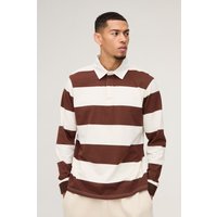 Langärmliges gestreiftes Rugby-Poloshirt mit BM-Applikation - Braun - L, Braun von boohooman