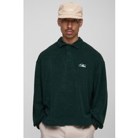 Langärmliges kastiges Oversize Frottee-Poloshirt mit Man-Stickerei - Grün - XS, Grün von boohooman