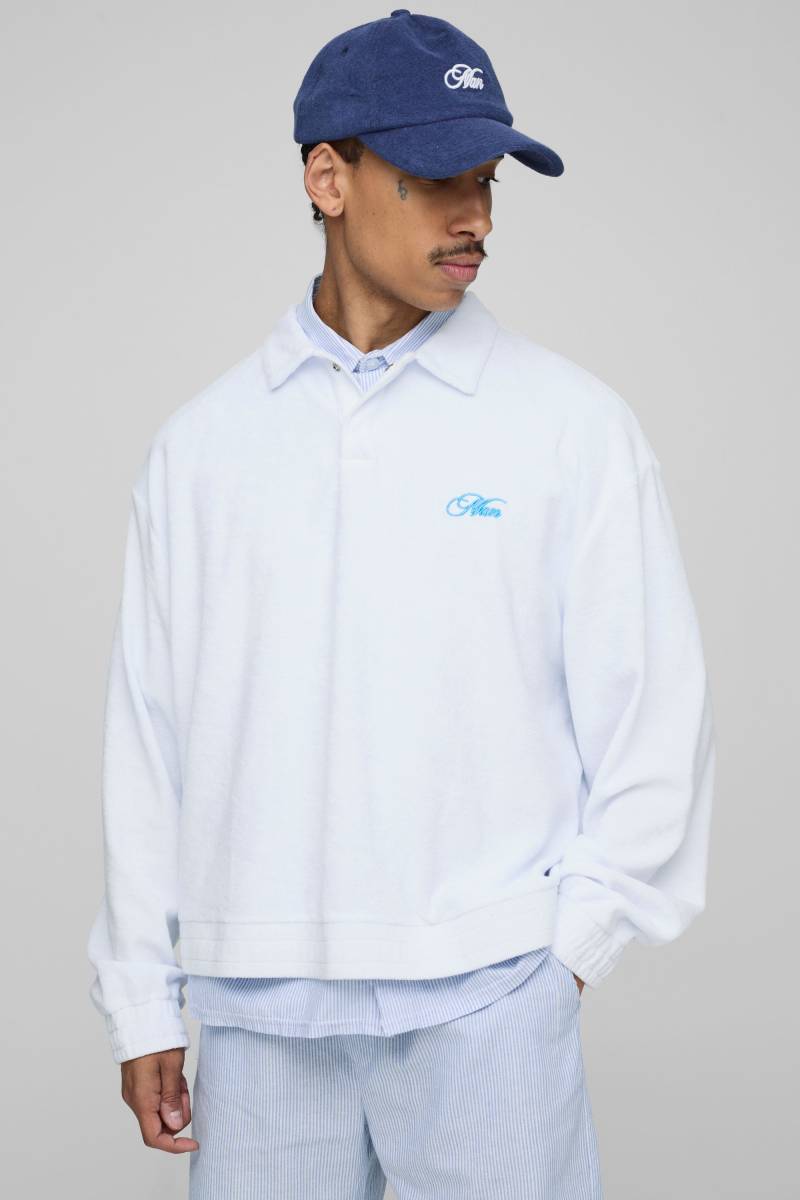 Langärmliges kastiges Oversize Frottee-Poloshirt mit Man-Stickerei - Weiß - XS, Weiß von boohooman