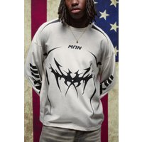 Langärmliges kastiges Oversize T-Shirt in Ecru mit Print von boohooman