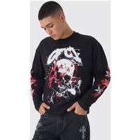 Langärmliges kastiges Oversize T-Shirt mit Totenkopf-Print von boohooman