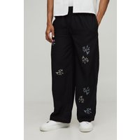Lockere Hose mit floraler Stickerei und elastischem Bund - Schwarz - L, Schwarz von boohooman