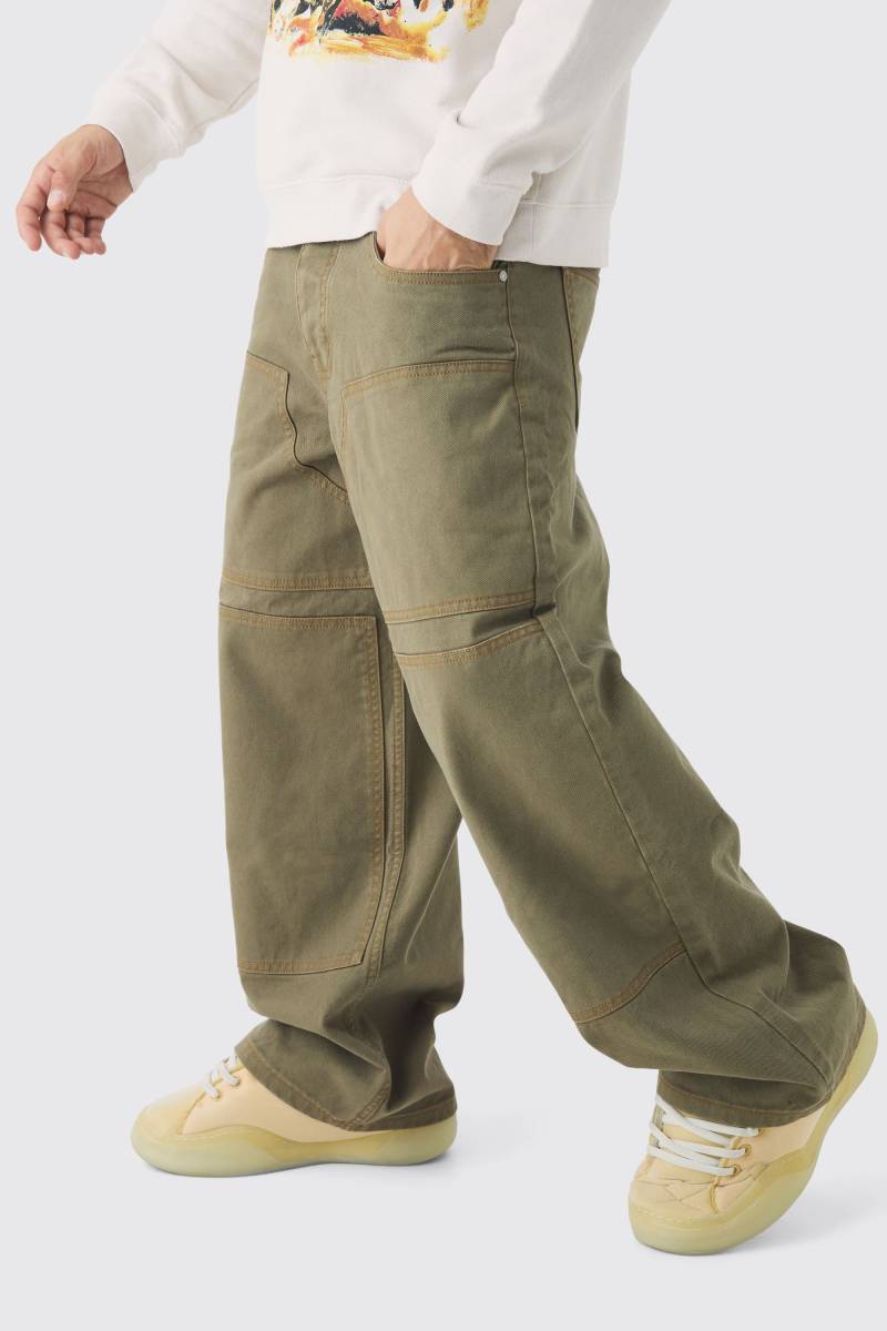 Lockere Twill-Hose mit Kontrast-Naht - Khaki - 30R, Khaki von boohooman
