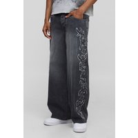 Lockere zerrissene Jeans mit Applikation - Grau - 32R, Grau von boohooman