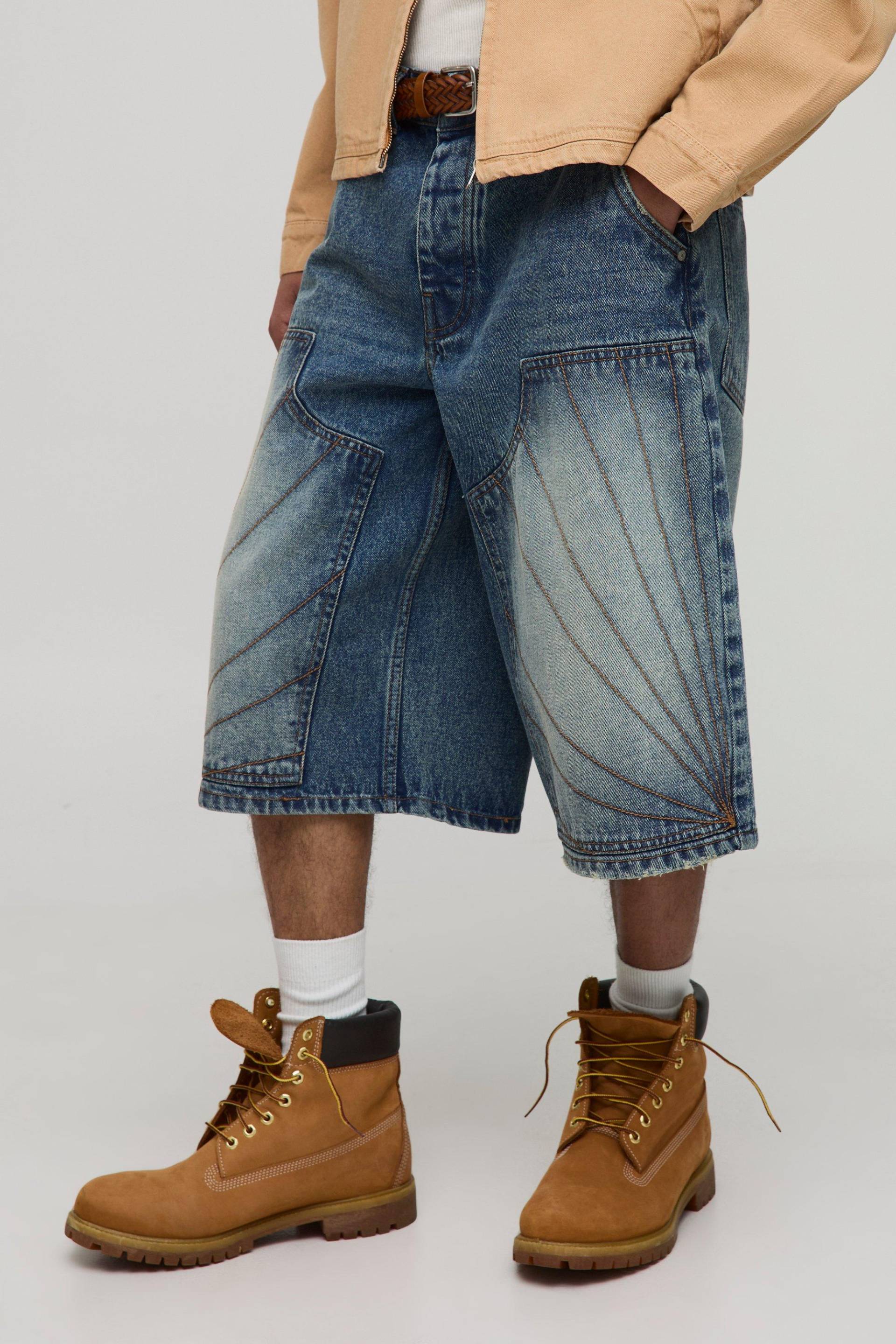 Lange Denim-Jorts mit Naht-Detail - Blau - 30, Blau von boohooman