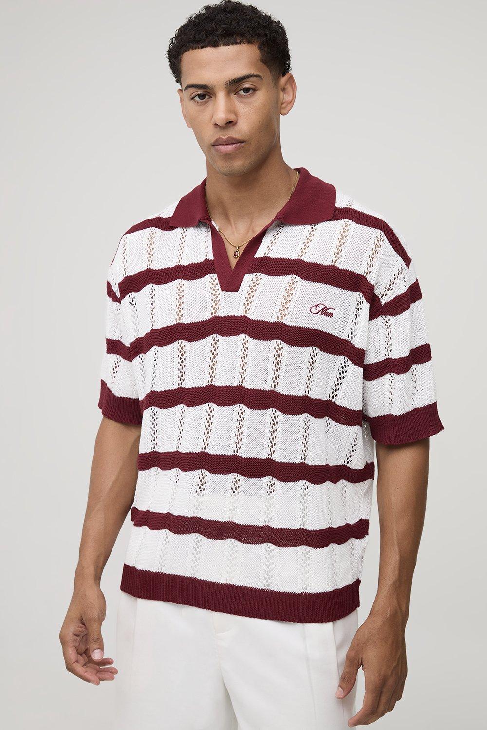 Kastiges gestreiftes Oversize Man Poloshirt - Burgund - M, Burgund Kastiges gestreiftes Oversize Man Poloshirt - Burgund - M, Burgund von boohooman