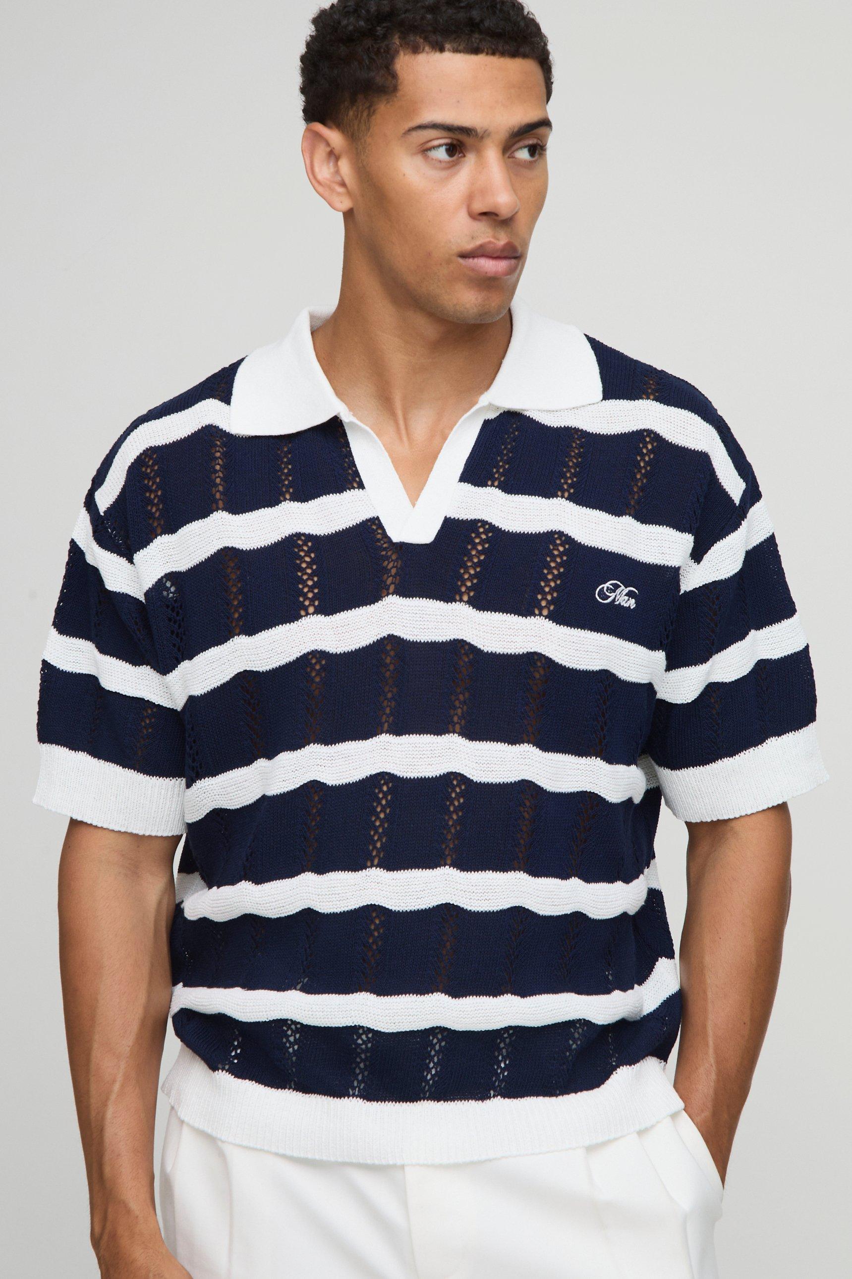 Kastiges gestreiftes Oversize Man Poloshirt - Blau - L, Blau Kastiges gestreiftes Oversize Man Poloshirt - Blau - L, Blau von boohooman