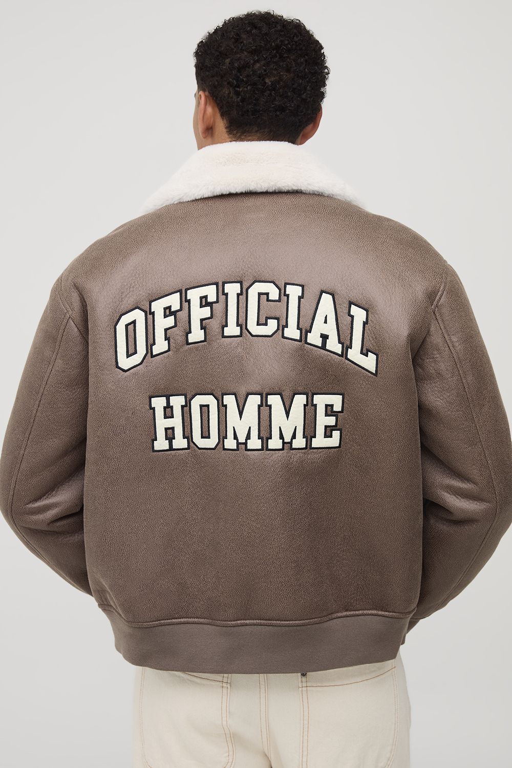 MAN Oversized Washed PU Borg Collared Bomber Jacket - Braun - XS, Braun von boohooman
