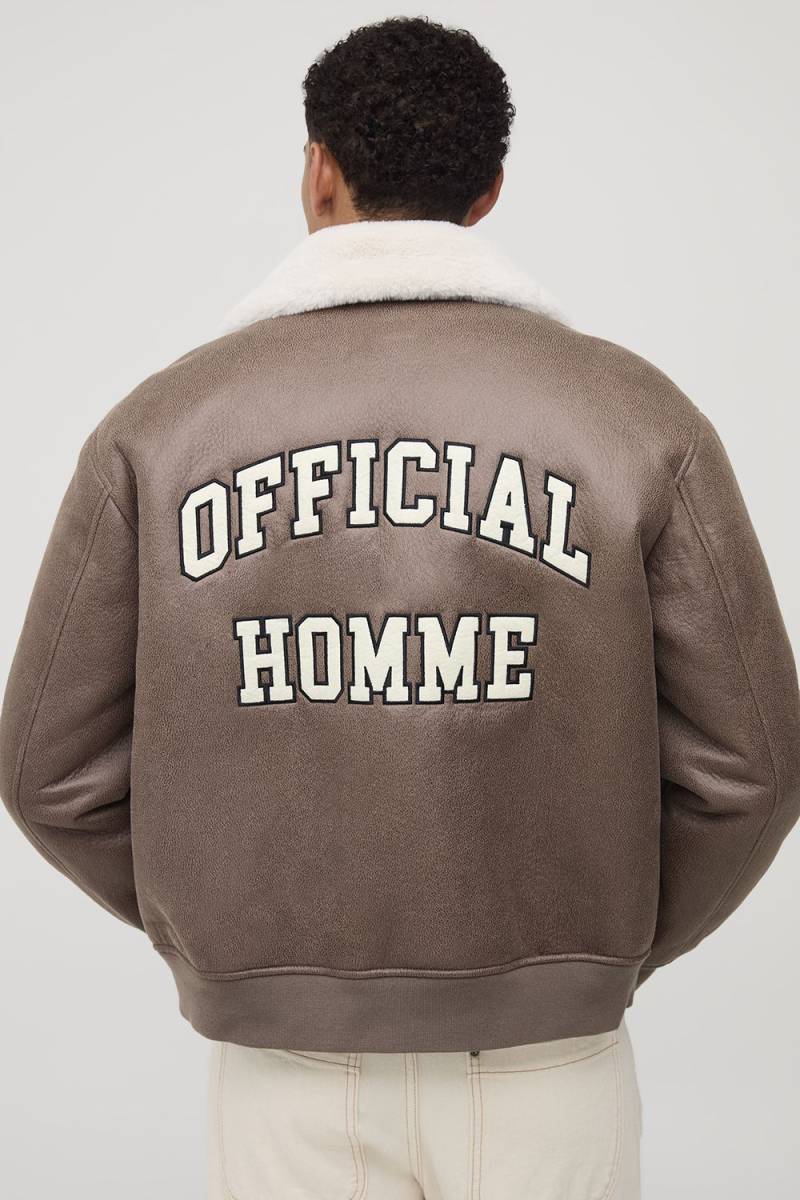 MAN Oversized Washed PU Borg Collared Bomber Jacket - Braun - XS, Braun von boohooman