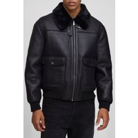 MAN Oversized Washed PU Borg Collared Bomber Jacket - Schwarz - XL/XXL, Schwarz von boohooman