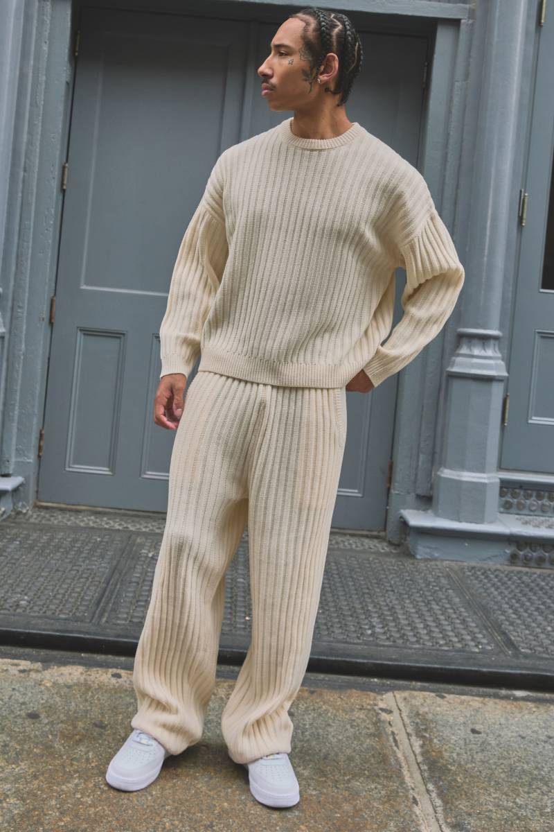 Lockere gerippte Man-Jogginghose - Ecru - M, Ecru von boohooman